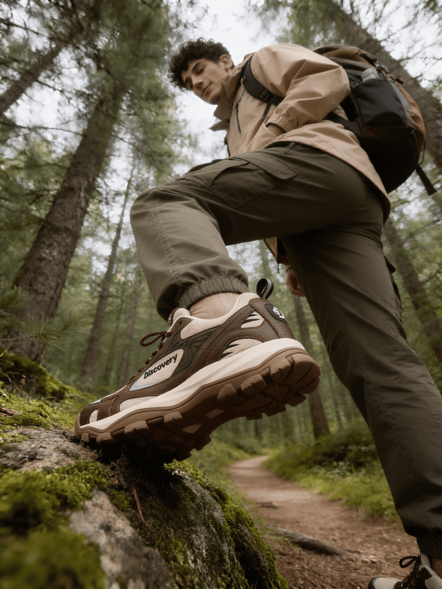 Person hiking in a forest wearing hiking shoes and a backpack.