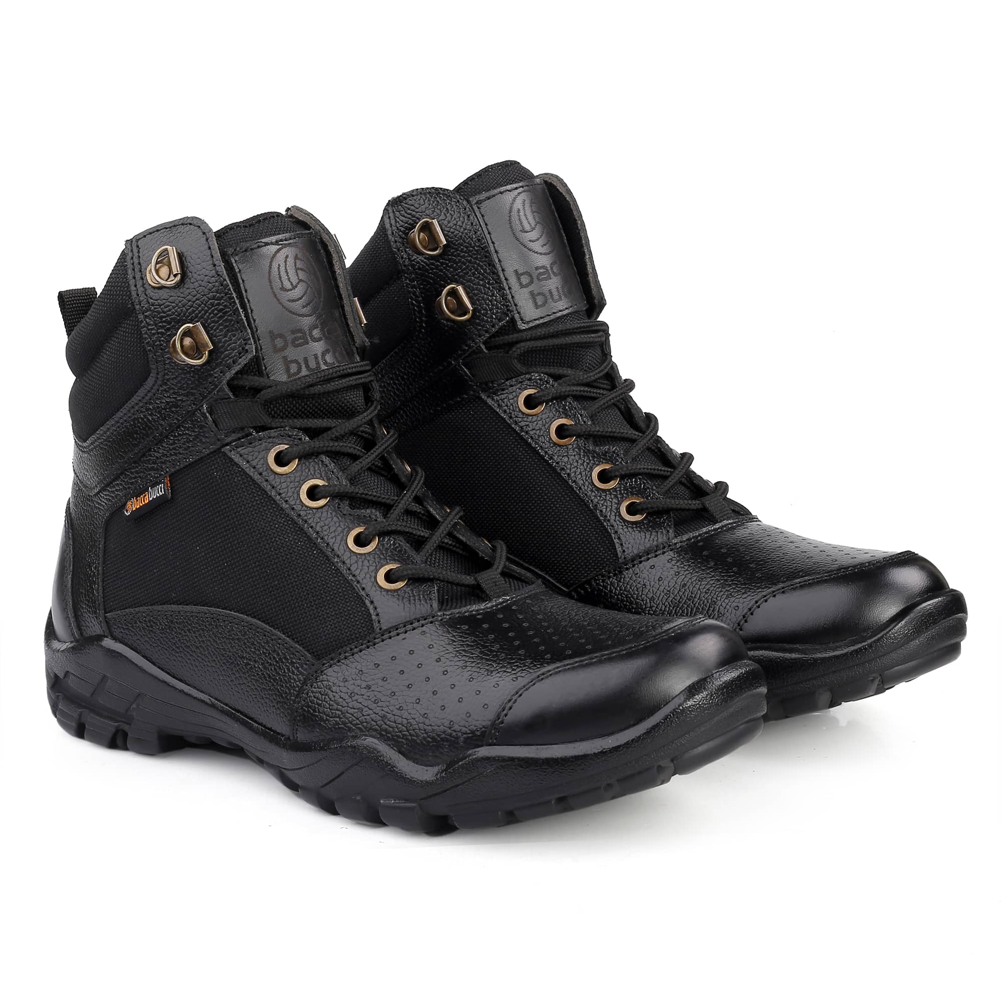 Bacca Bucci Men's LHOTSE Splash-Proof Full-Grain Leather Biker Boots for Trekking, Backpacking & Hiking