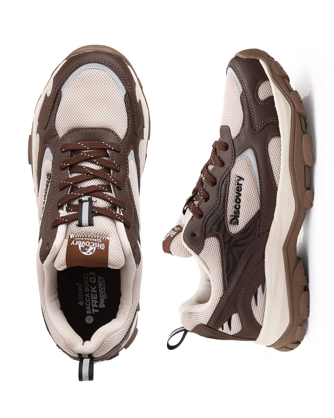 Brown and beige sneakers with 'Discovery' branding on a white background