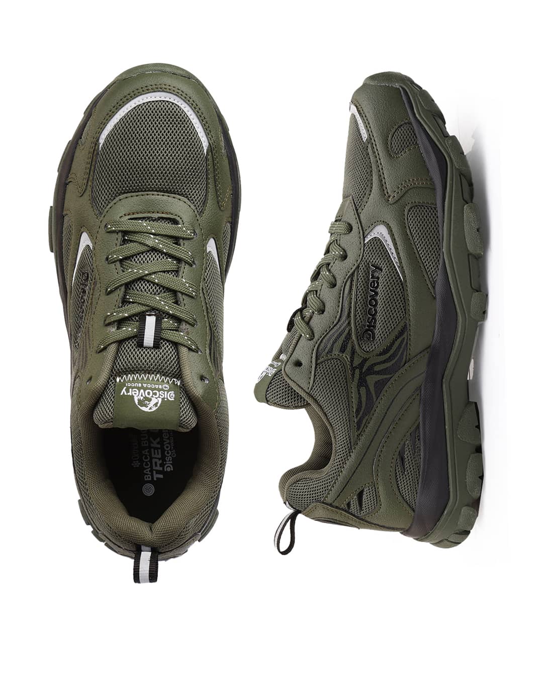 Pair of green hiking shoes with Bacca bucci logo on a white background